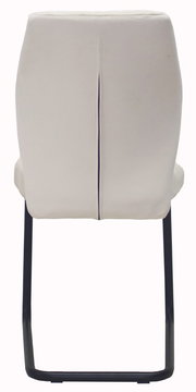 Rückansicht eines modernen Schwingstuhls mit schwarzem Metallgestell und beigem Polster.