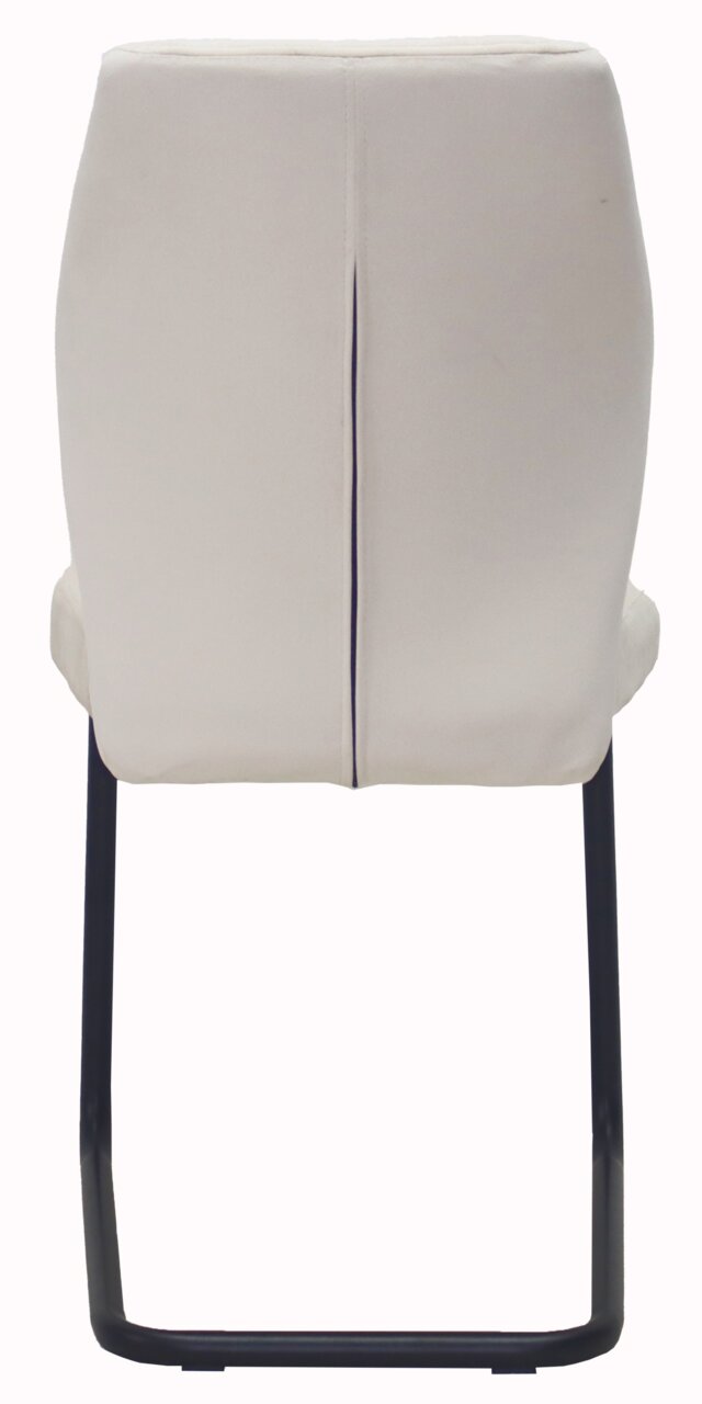 Rückansicht eines modernen Schwingstuhls mit schwarzem Metallgestell und beigem Polster.