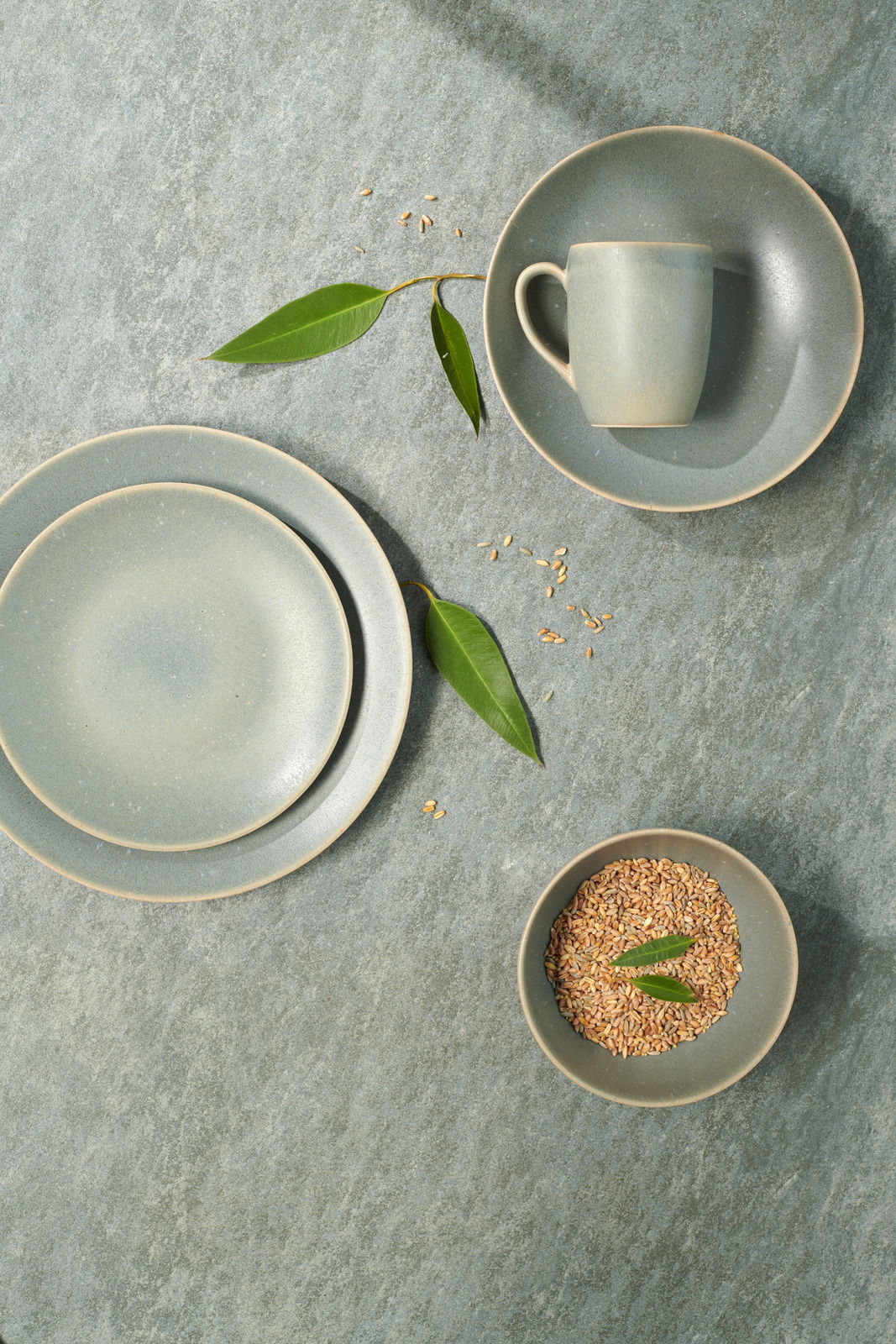 Vogelperspektive auf ein elegantes, graues Kombiservice-Set mit Teller, Tasse und Schale, dekoriert mit grünen Blättern und Getreidekörnern.