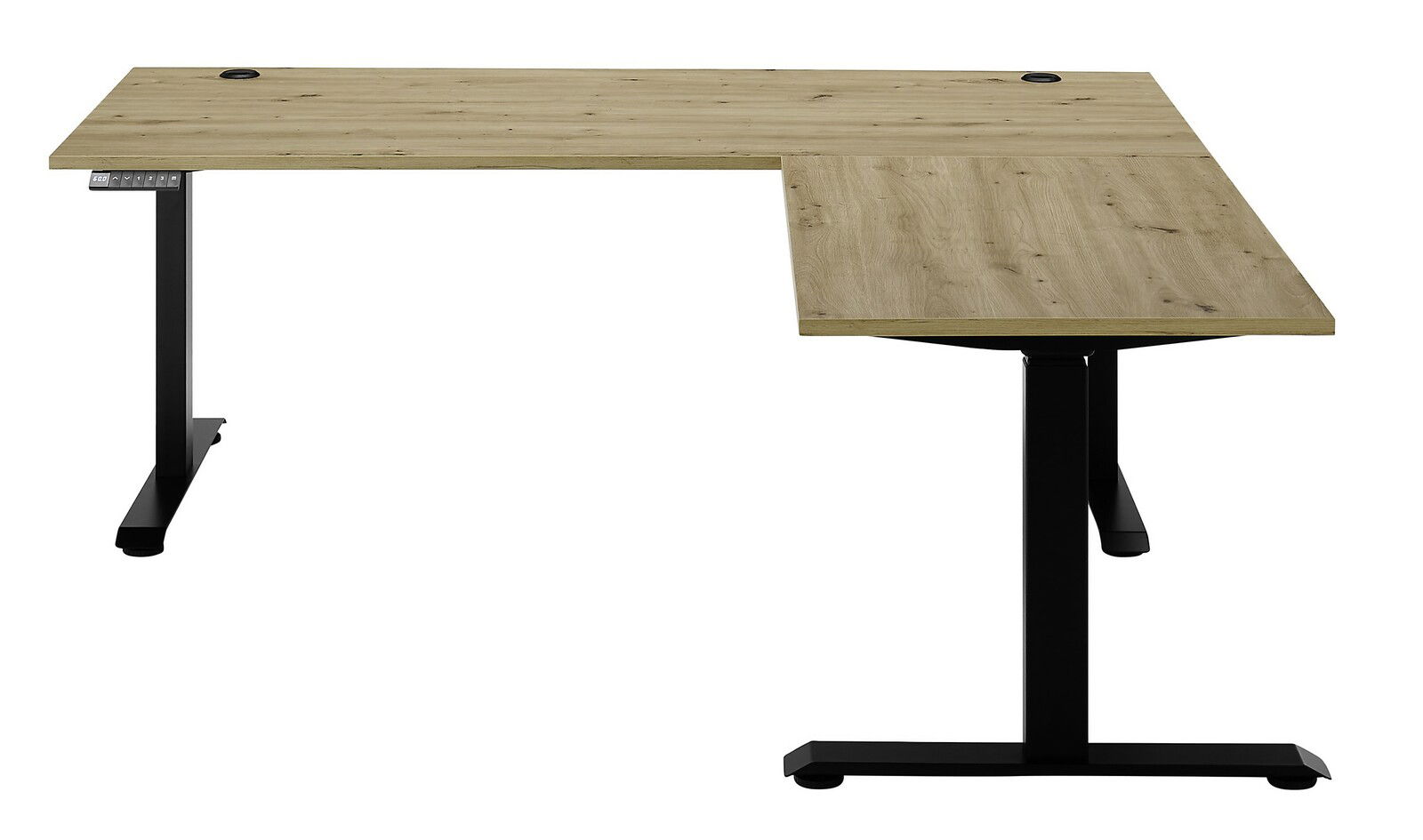 Moderner E-Eckschreibtisch aus Holz mit schwarzem Metallgestell, frontal von vorne betrachtet.