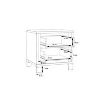Technische Zeichnung einer Nachtkonsole mit zwei Schubladen, seitliche Perspektive, Maße in Zentimetern angegeben.