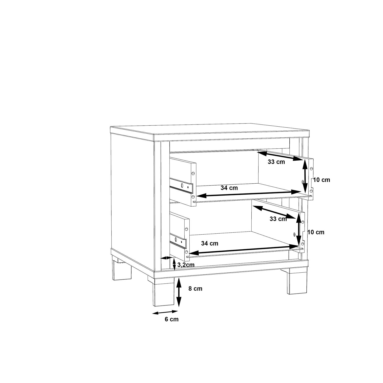 Technische Zeichnung einer Nachtkonsole mit zwei Schubladen, seitliche Perspektive, Maße in Zentimetern angegeben.