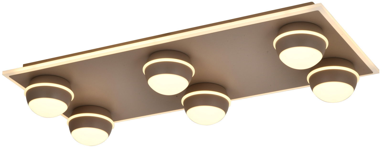 Moderne LED-Deckenleuchte mit sechs runden Leuchtelementen, seitliche Perspektive