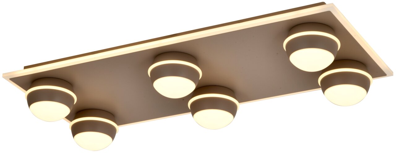 Moderne LED-Deckenleuchte mit sechs runden Leuchtelementen, seitliche Perspektive