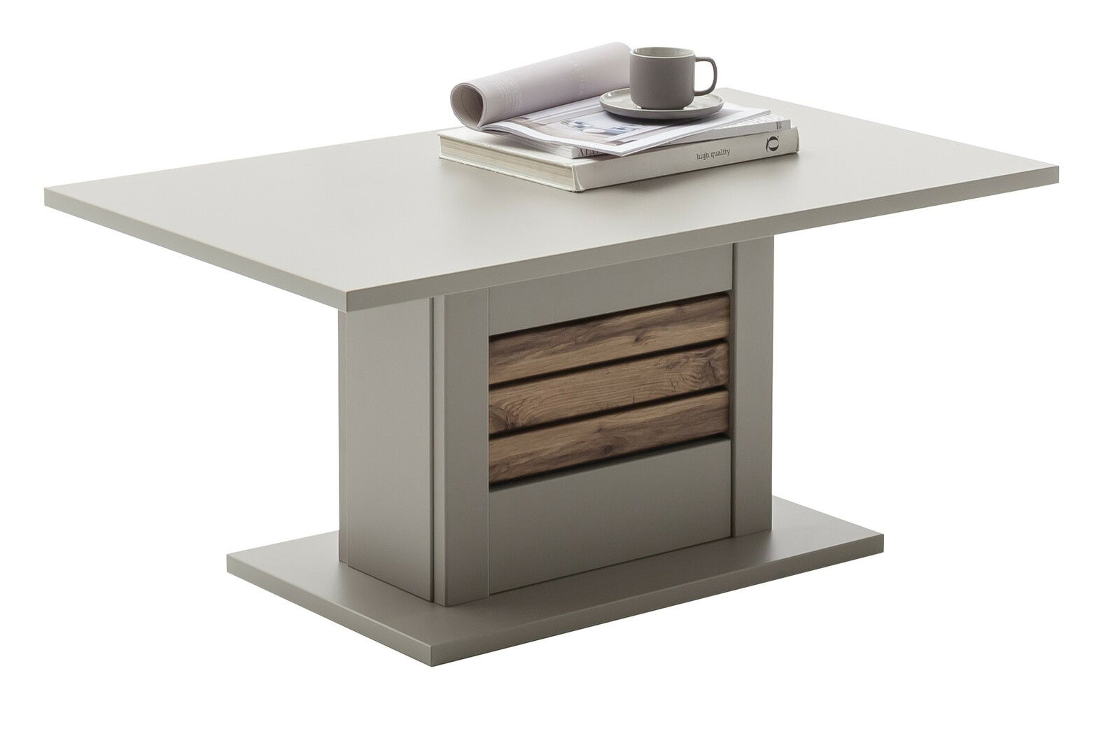 Moderner Couchtisch in Grau mit Holzdetails, seitliche Perspektive