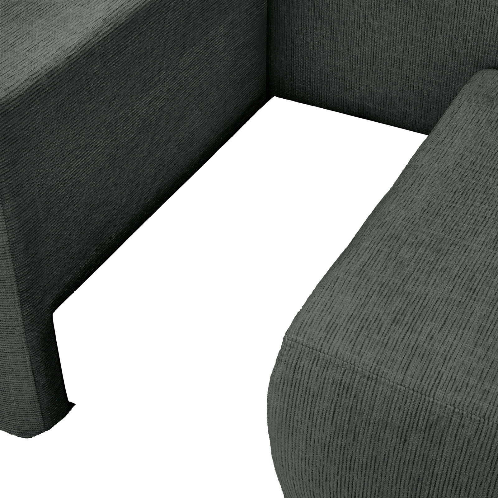 Detailansicht einer dunkelgrauen Recamiere mit strukturiertem Stoffbezug, Perspektive von oben.