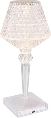 Elegante Akku-Tischleuchte aus klarem, facettiertem Material mit modernem Design, seitliche Perspektive.