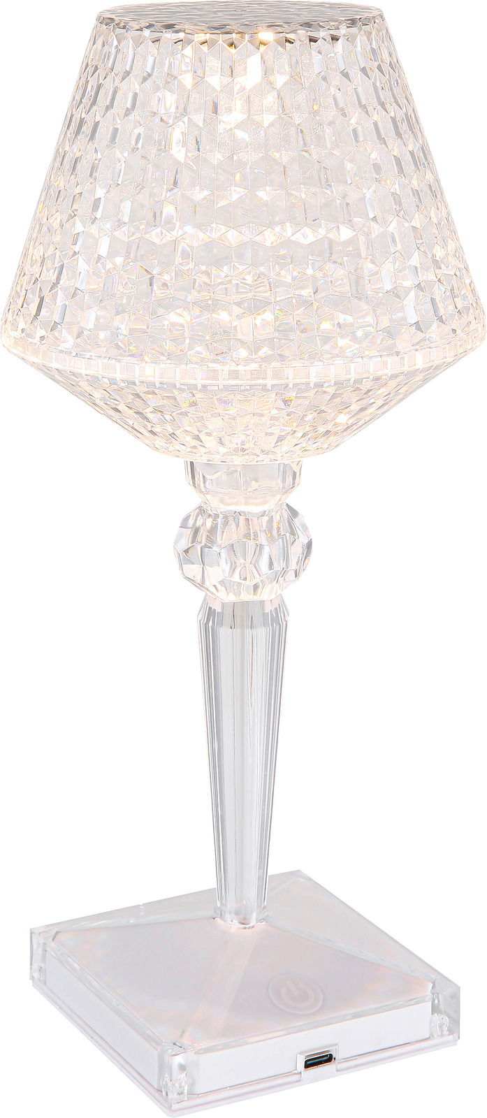 Elegante Akku-Tischleuchte aus klarem, facettiertem Material mit modernem Design, seitliche Perspektive.