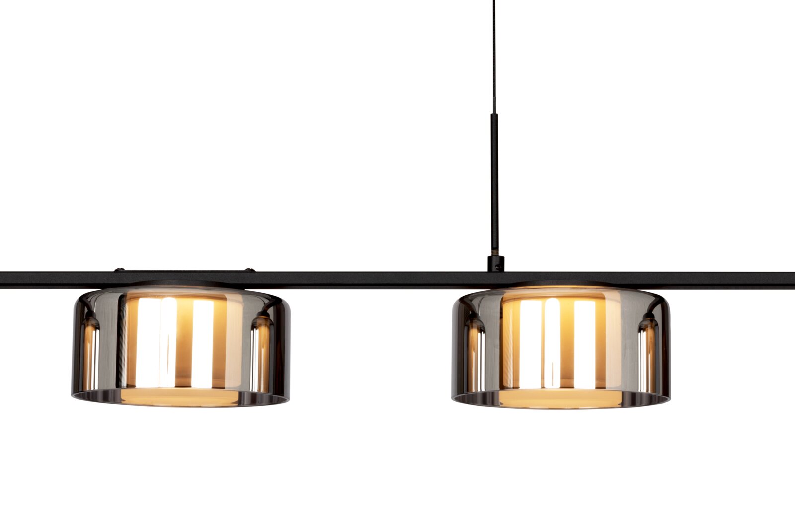 Moderne LED-Hängeleuchte mit zwei zylindrischen, rauchgrauen Glasschirmen, seitliche Perspektive.
