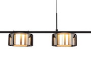 Moderne LED-Hängeleuchte mit zwei zylindrischen, rauchgrauen Glasschirmen, seitliche Perspektive.