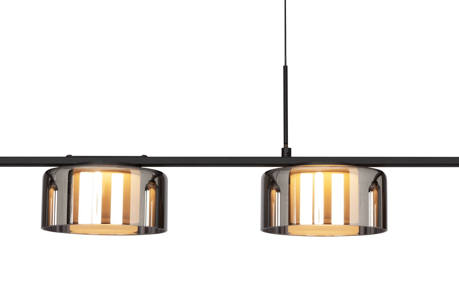 Moderne LED-Hängeleuchte mit zwei zylindrischen, rauchgrauen Glasschirmen, seitliche Perspektive.