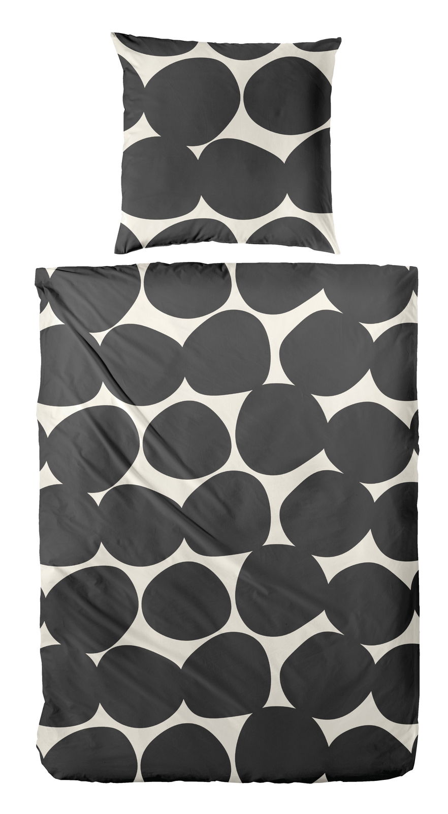 Bettwäsche-Set mit grafischem Muster in Schwarz und Weiß, bestehend aus einem Kissenbezug und einem Bettdeckenbezug, aus der Vogelperspektive fotografiert.