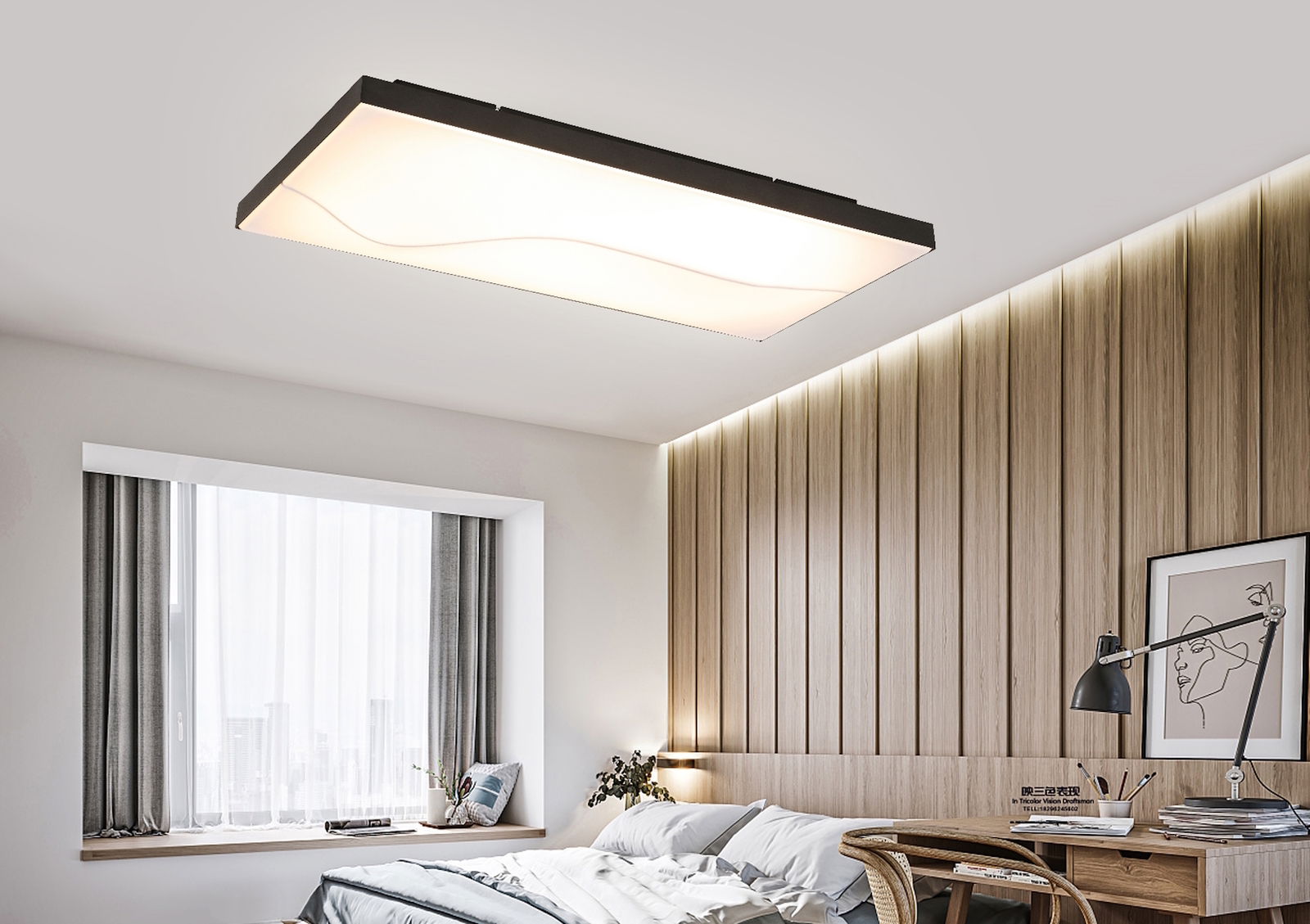 Rechteckige LED-Deckenleuchte in einem modernen Schlafzimmer, von unten betrachtet.