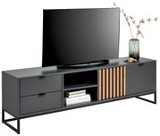 Modern tv-lowboard in een donkere uitvoering met twee lades, open planken en decoratieve houten lijsten, gezien vanaf de zijkant.