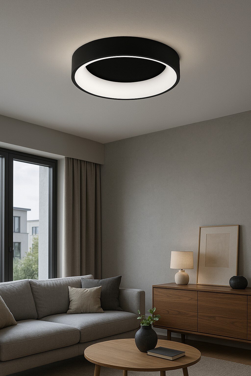 Moderne schwarze Deckenleuchte SHAY in einem stilvollen Wohnzimmer, von unten betrachtet.