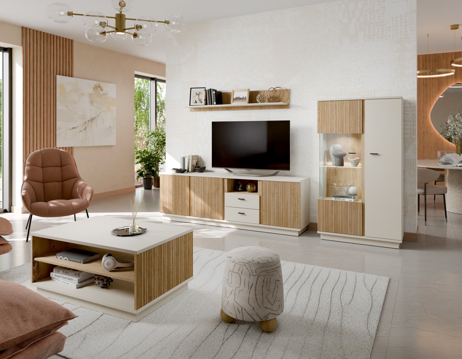 Moderne woonkamer met tv-kast in houtlook, centraal perspectief.