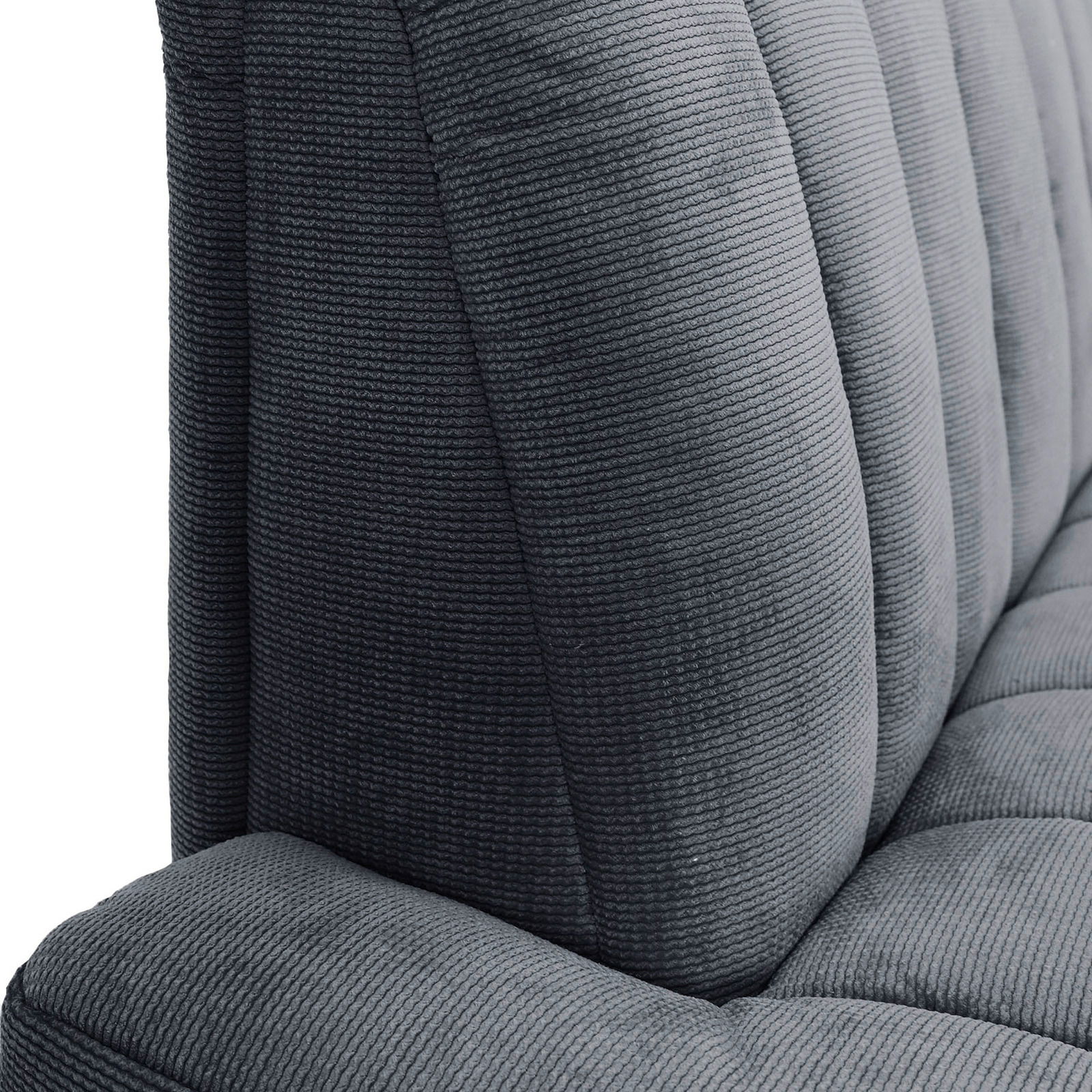 Nahaufnahme einer grauen 2,5er-Sitzbank mit geripptem Stoffbezug, seitliche Perspektive