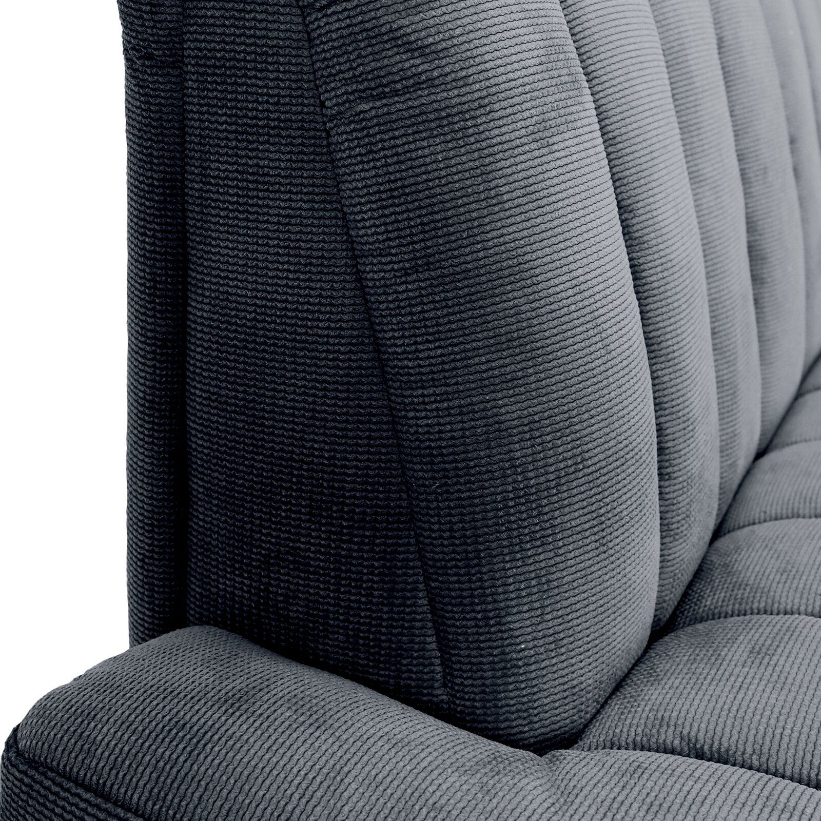 Novel 2,5er-Sitzbank LAILA Nahaufnahme einer grauen 2,5er-Sitzbank mit geripptem Stoffbezug, seitliche Perspektive