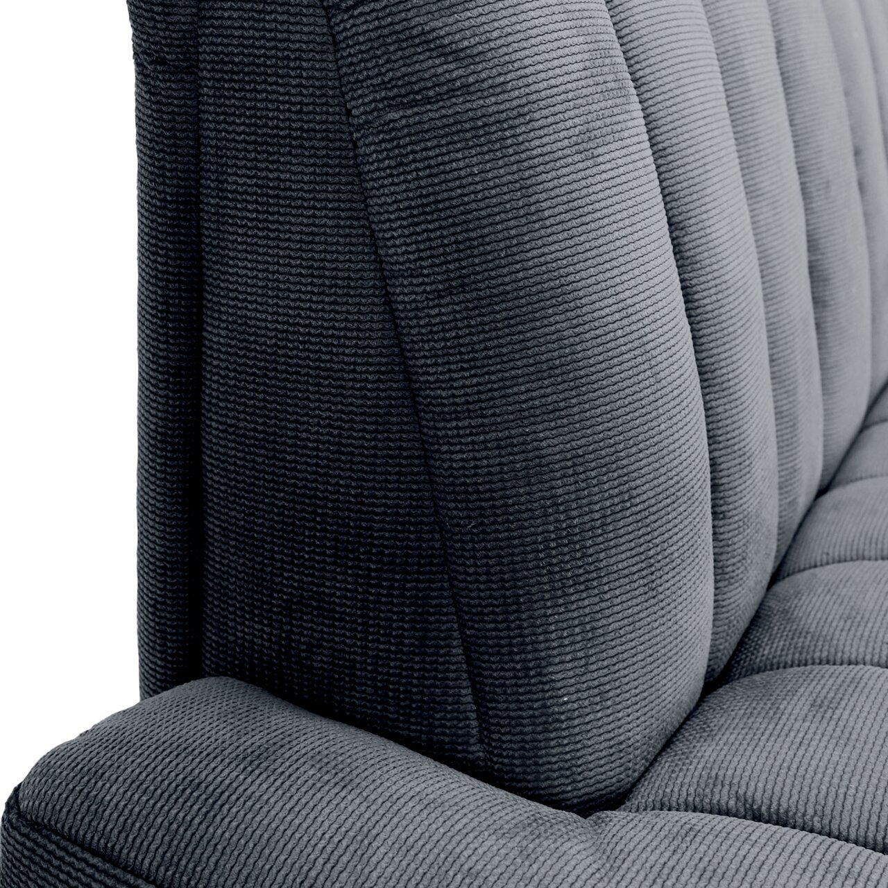 Nahaufnahme einer grauen 2,5er-Sitzbank mit geripptem Stoffbezug, seitliche Perspektive