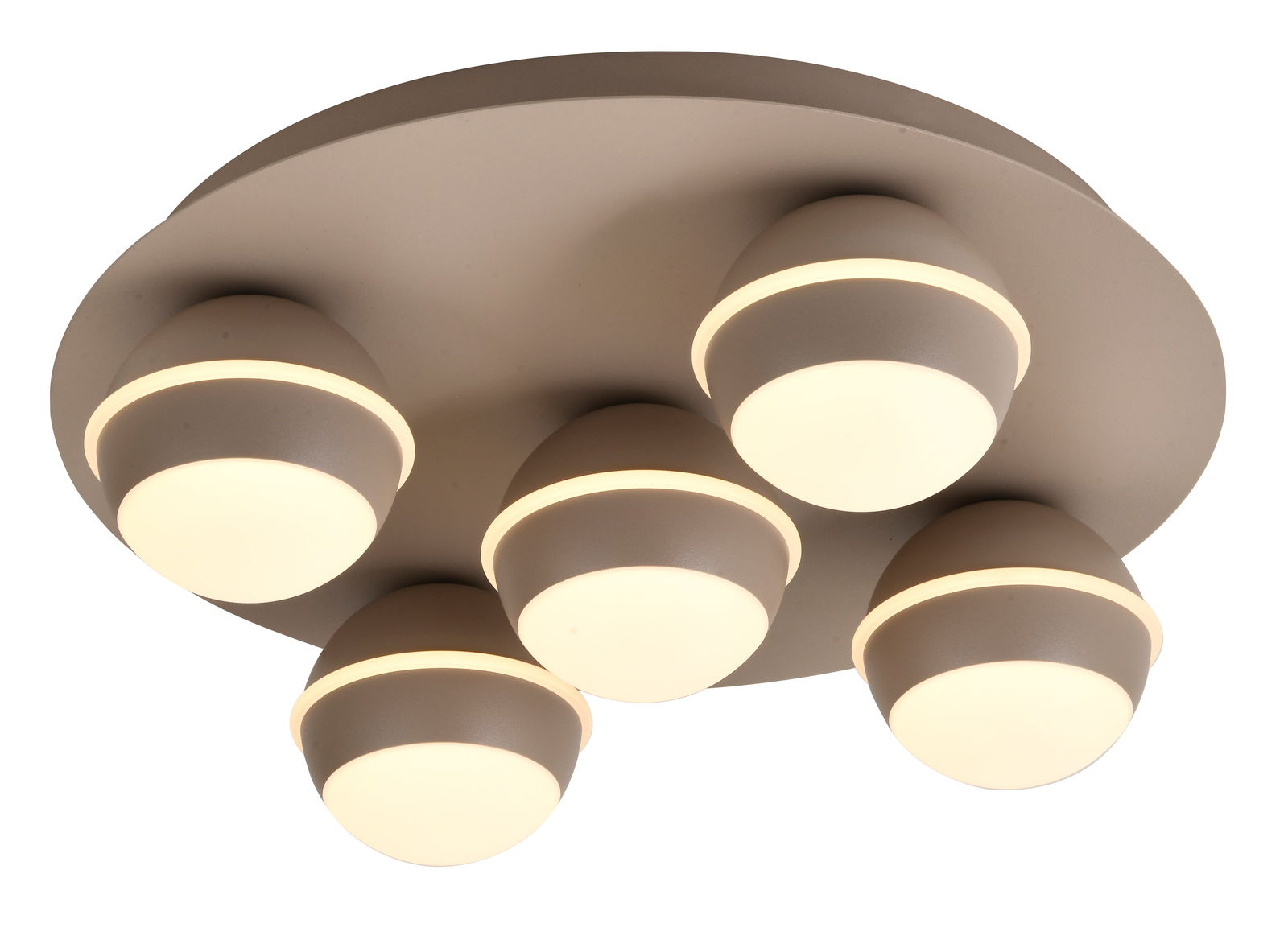 Moderne LED-Deckenleuchte mit fünf kugelförmigen Leuchtkörpern, seitliche Perspektive