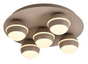 Moderne LED-Deckenleuchte mit fünf kugelförmigen Leuchtkörpern, seitliche Perspektive