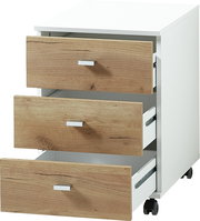 Rollcontainer mit drei offenen Schubladen, weiße Seiten und Holzfronten, Perspektive von vorne rechts