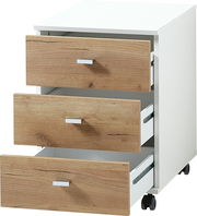 Rollcontainer mit drei offenen Schubladen, weiße Seiten und Holzfronten, Perspektive von vorne rechts