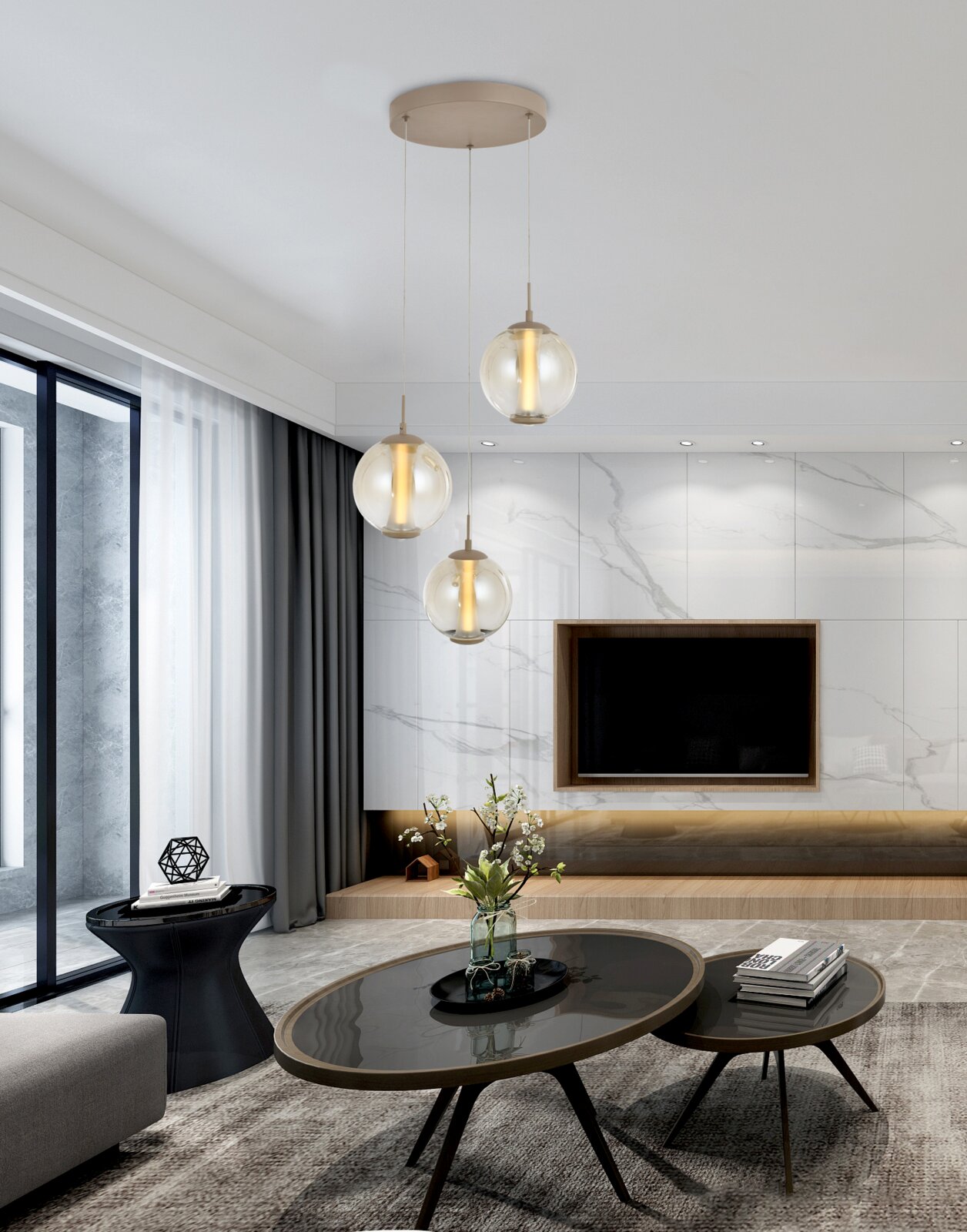 Drievoudige hanglamp met bolvormige glazen kappen en warm licht, van voren en licht van onderen gezien in een modern interieur