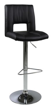 Moderner schwarzer Barhocker mit verchromtem Gestell, seitliche Perspektive