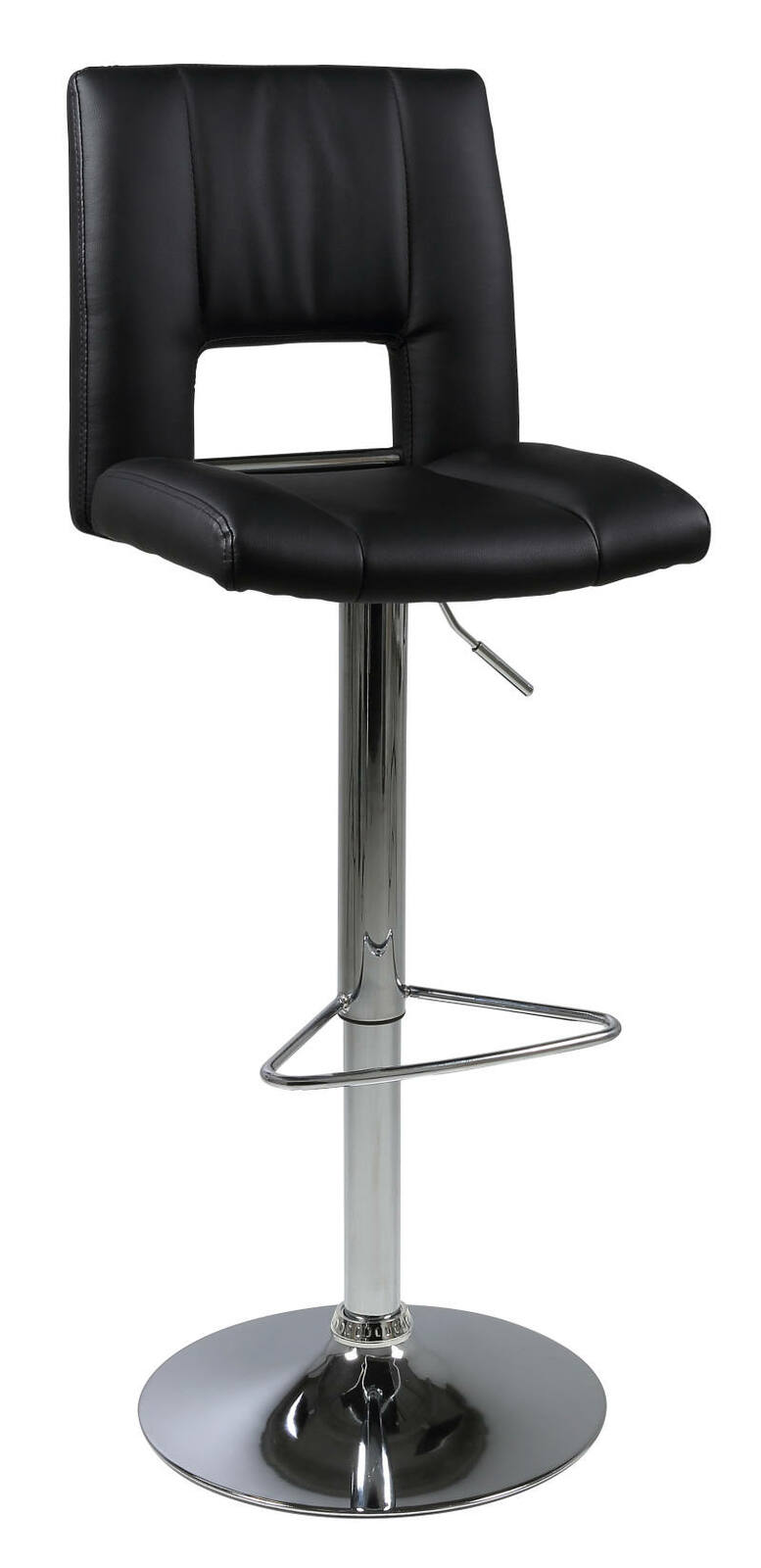 Moderner schwarzer Barhocker mit verchromtem Gestell, seitliche Perspektive