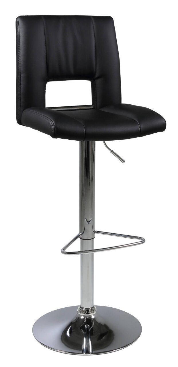 Moderner schwarzer Barhocker mit verchromtem Gestell, seitliche Perspektive