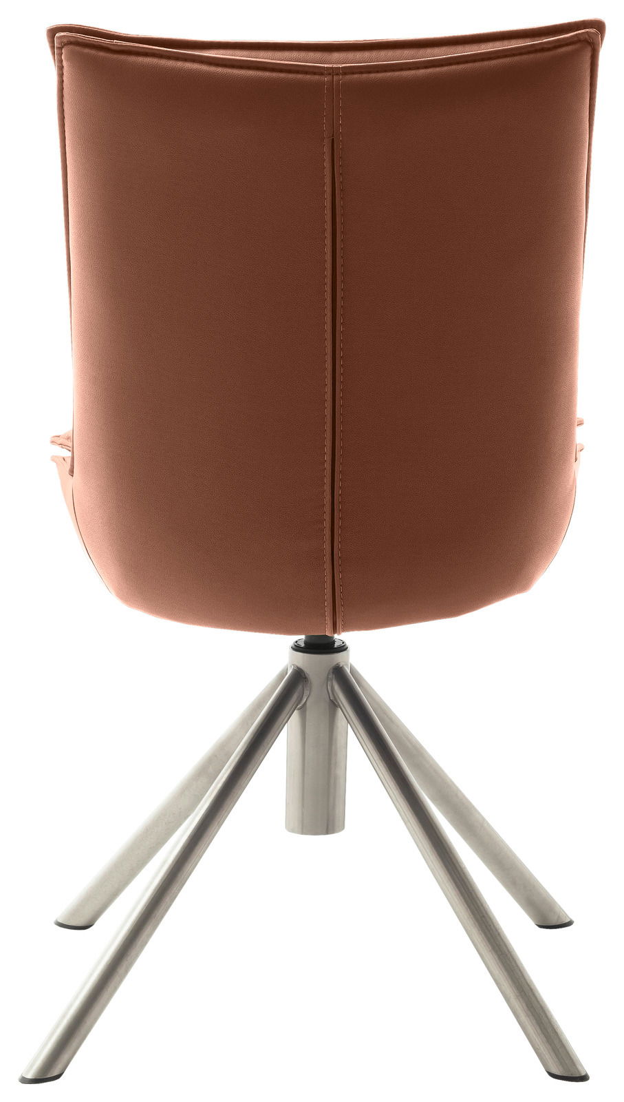 Rückansicht eines modernen Stuhls mit braunem Bezug und Metallbeinen.
