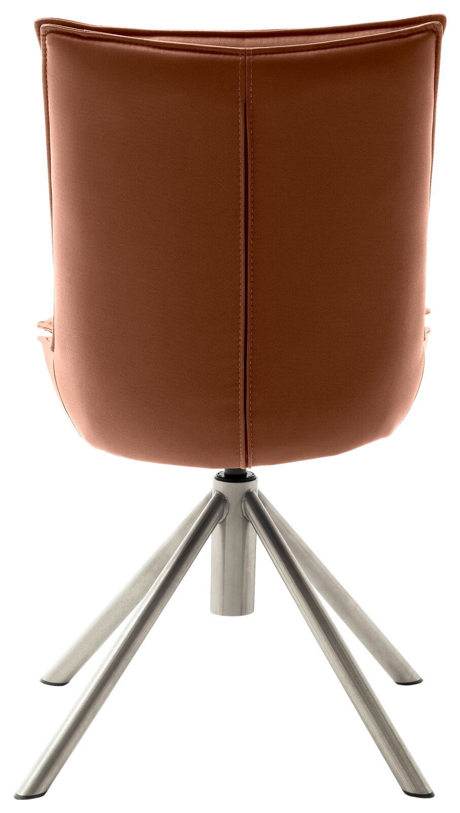 Rückansicht eines modernen Stuhls mit braunem Bezug und Metallbeinen.