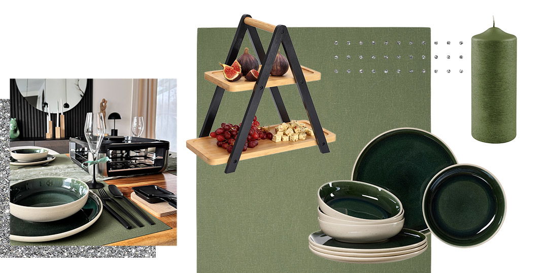 Stimmungsvolles Silvester-Moodboard mit grünem Geschirr, Raclette-Zubehör, zweistöckiger Servieretage, grüner Stumpenkerze und gedecktem Tisch in natürlichen Grüntönen.