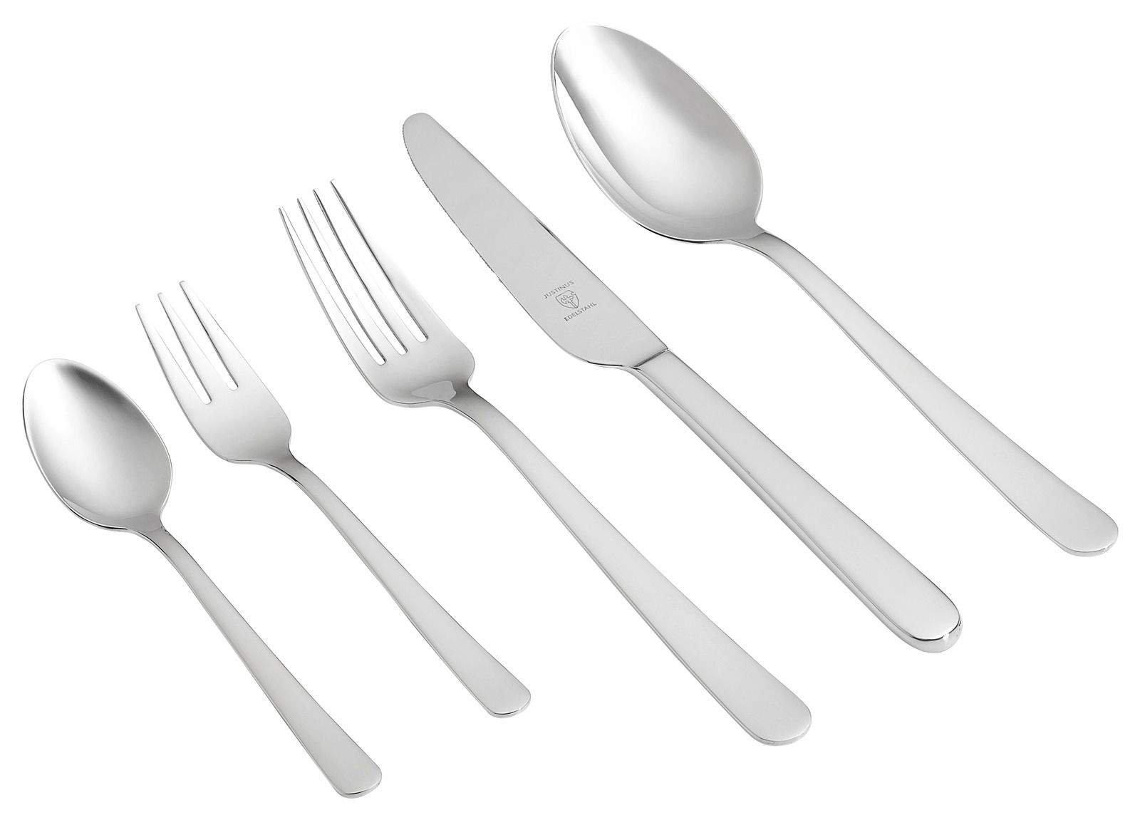 Elegantes Besteckset aus Edelstahl, bestehend aus Messer, Gabel, Löffel, Dessertgabel und Teelöffel, in seitlicher Perspektive.