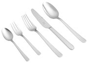 Elegantes Besteckset aus Edelstahl, bestehend aus Messer, Gabel, Löffel, Dessertgabel und Teelöffel, in seitlicher Perspektive.