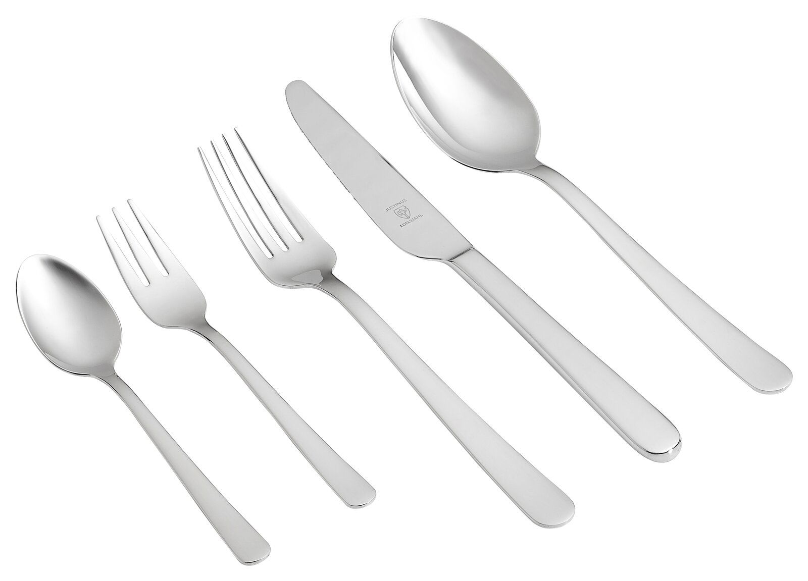 Elegantes Besteckset aus Edelstahl, bestehend aus Messer, Gabel, Löffel, Dessertgabel und Teelöffel, in seitlicher Perspektive.