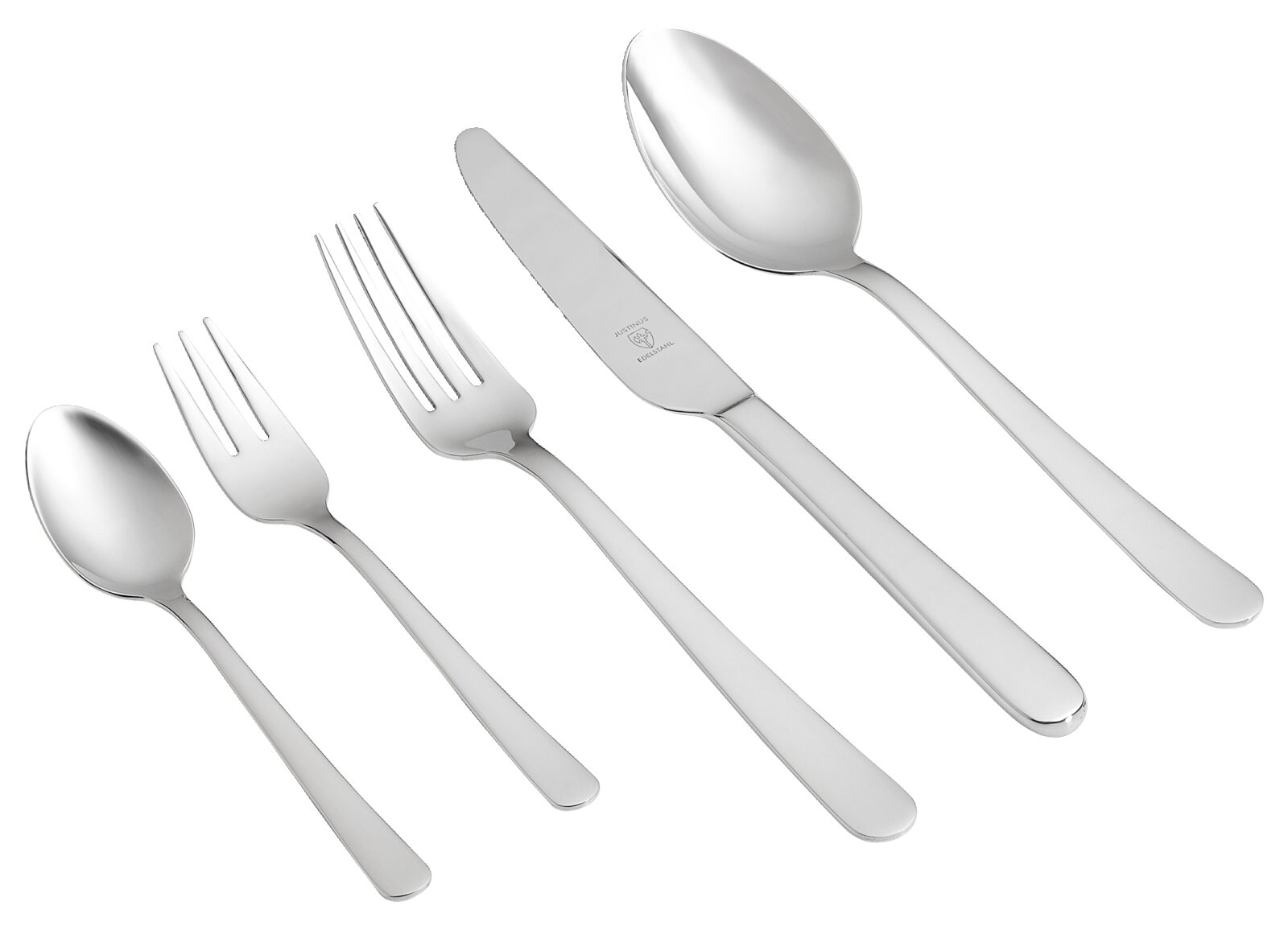 Justinus Bestekset Style, 60-delig Elegante bestekset van roestvrij staal, bestaande uit mes, vork, lepel, dessertvork en theelepel, in zijaanzicht.