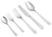 Elegante bestekset van roestvrij staal, bestaande uit mes, vork, lepel, dessertvork en theelepel, in zijaanzicht.