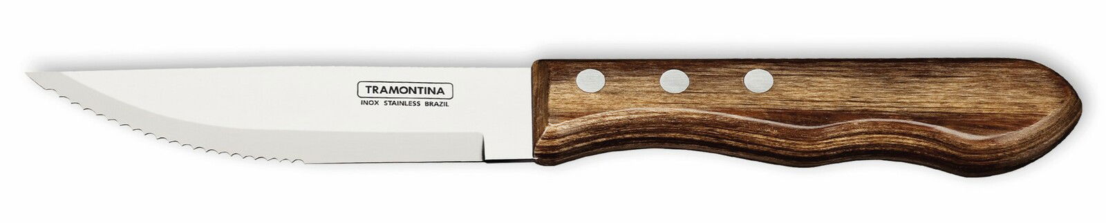 Jumbo Messer mit gezackter Edelstahlklinge und ergonomischem Holzgriff, Seitenansicht.