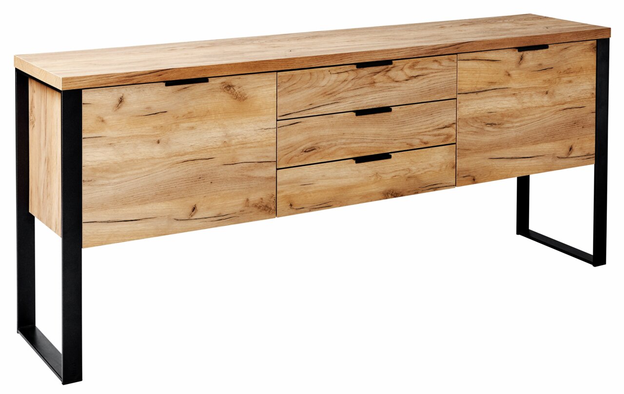 Jahnke Sideboard LOOP Modernes Sideboard aus Holz mit drei Schubladen und zwei Türen, auf schwarzem Metallgestell, seitliche Perspektive