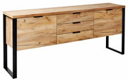 Modern houten dressoir met drie lades en twee deuren, op een zwart metalen onderstel, zijaanzicht