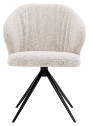 Vorderansicht eines modernen Armlehnstuhls mit hellem Stoffbezug und schwarzen Metallbeinen.