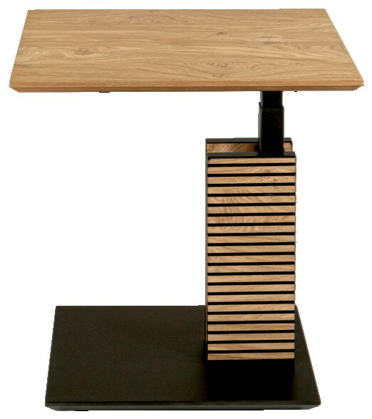 Zurbrüggen Beistelltisch 5603 Moderner Beistelltisch aus Holz und Metall, frontal betrachtet, mit rechteckiger Tischplatte und gestreiftem Standfuß.