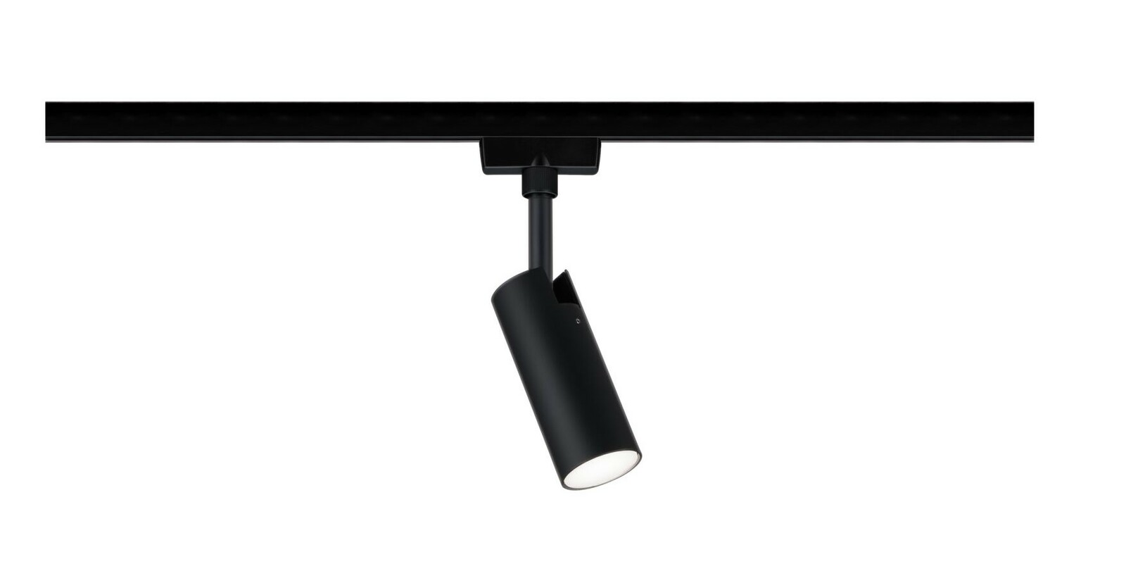 Schwarzer Schienenspot Tubo, seitliche Perspektive, montiert an einer Schiene