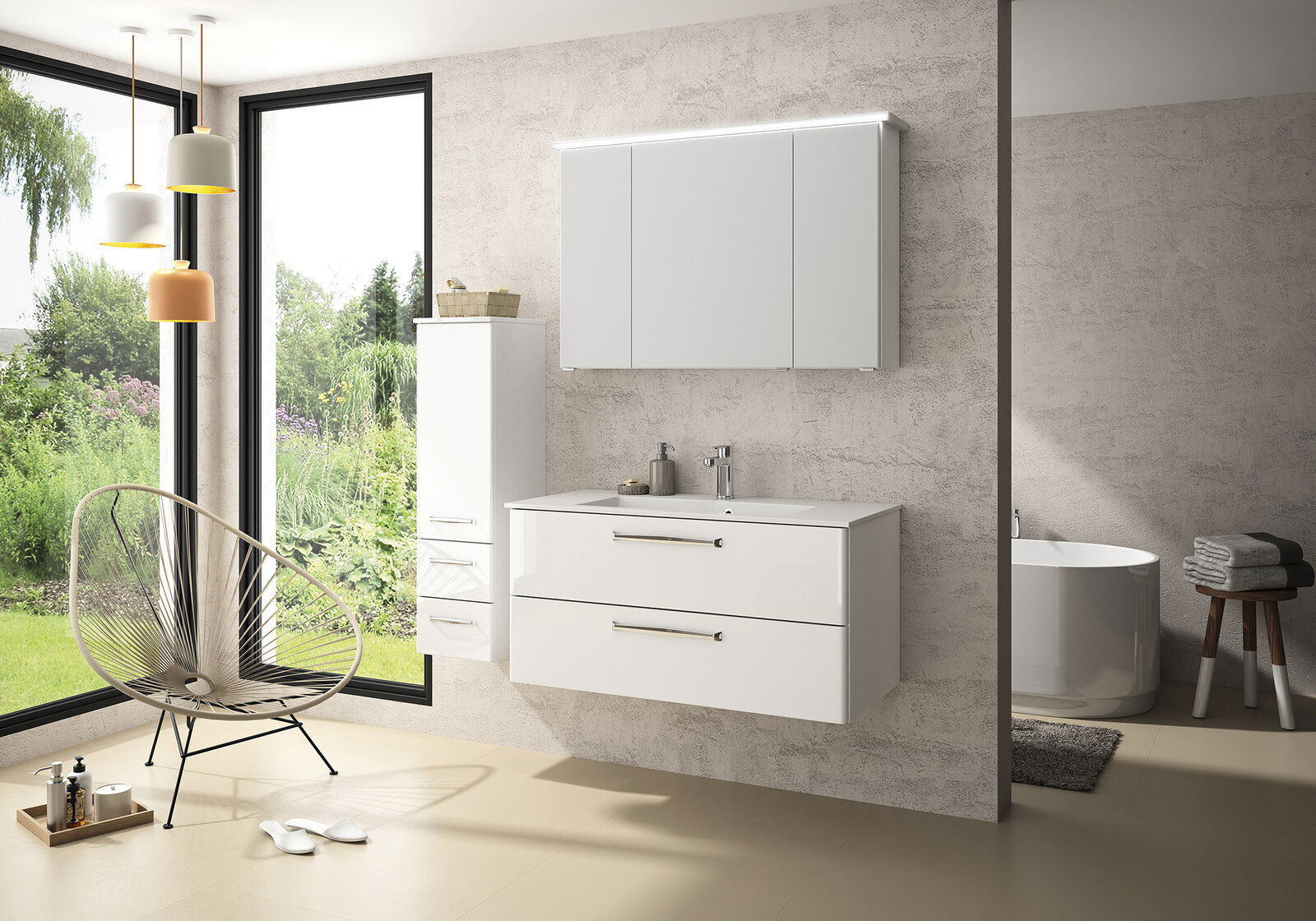 Moderner Badezimmerblock in Weiß mit Hängeschrank, Waschbecken und Schubladen, seitliche Perspektive, mit Blick auf einen Garten durch große Fenster.