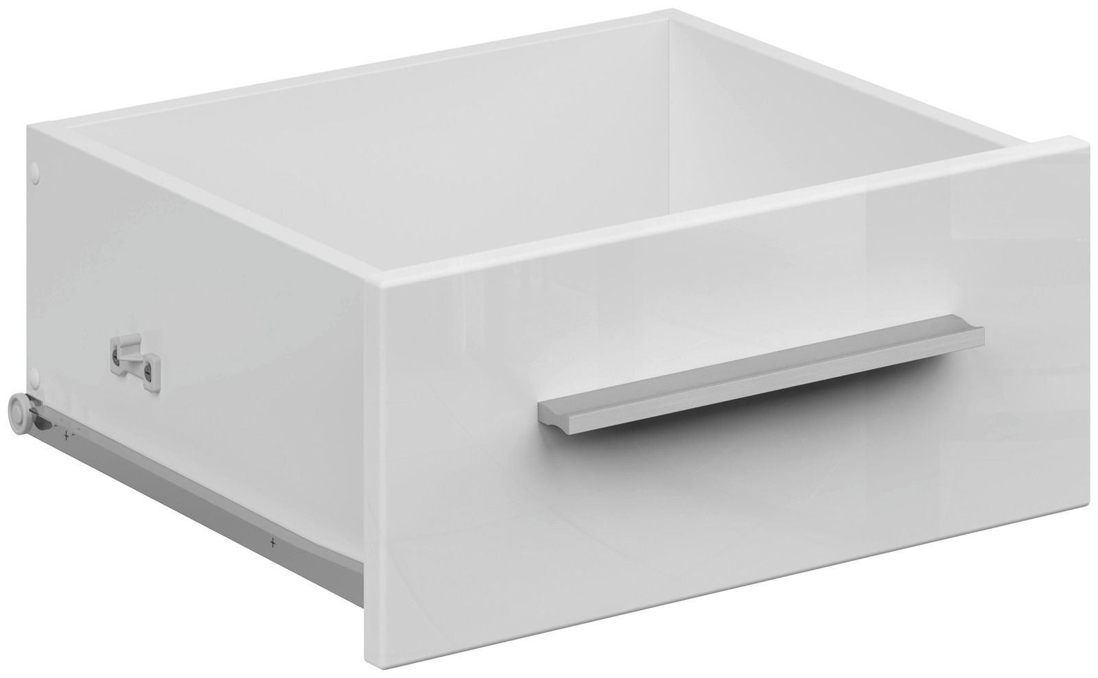 Weiße Schublade mit silbernem Griff, seitliche Perspektive