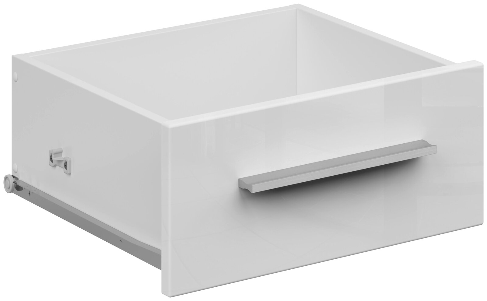Voleo Schublade CONNECT Weiße Schublade mit silbernem Griff, seitliche Perspektive