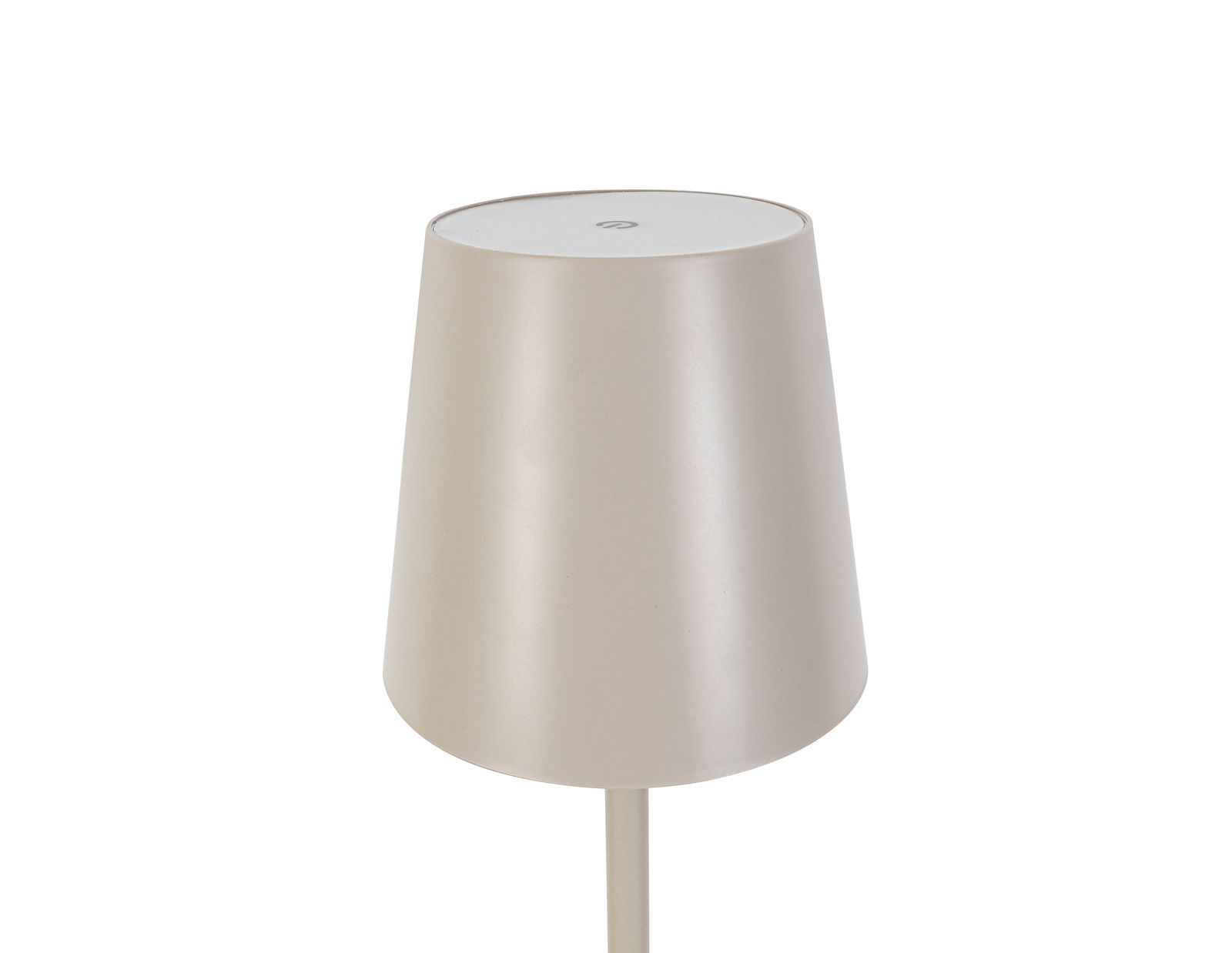 Nahaufnahme einer modernen, zylinderförmigen Akku-Stehleuchte in neutralem Farbton, von oben betrachtet.