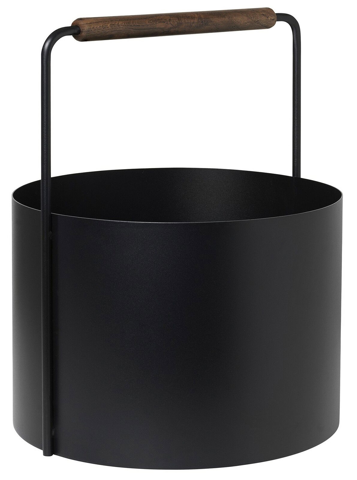 Schwarzer Feuerholz-Korb Ashi mit Holzgriff, seitliche Perspektive